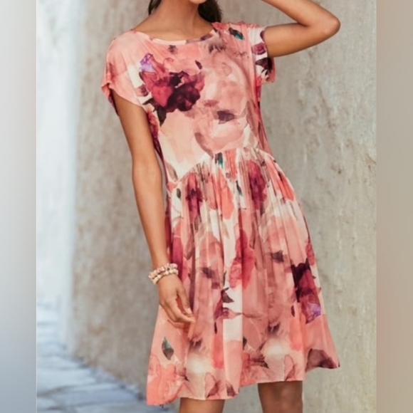 Peruvian Connection Desert Rose Watercolor Floral Short Sleeve Dress Size Medium - Picture 1 of 8